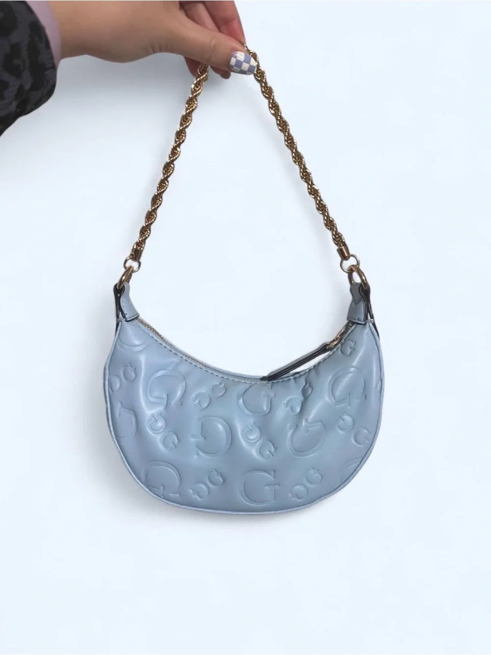 GUESS Light Blue Embossed Chain-Handle Shoulder Bag
